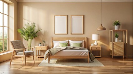 Fototapeta premium Beige Bedroom Mockup Silhouette, Wooden Furniture 3D Render