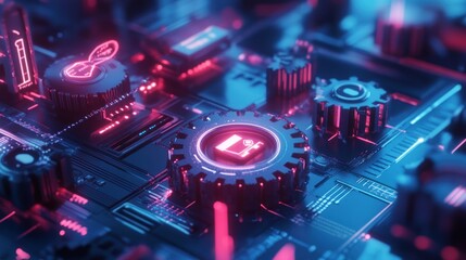 A vibrant close-up of a futuristic circuit board with glowing elements.