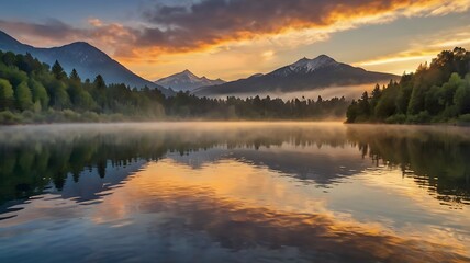 Misty sunrise over a mountain lake with reflection.