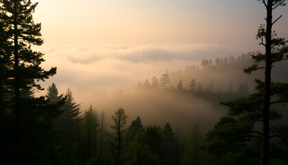 Foggy morning in the mountains, with mist rolling over the tree-lined ridges and a peaceful atmosphere.