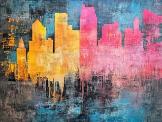 Abstract Cityscape with Dripping Paint and Vibrant Colors
