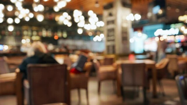 Blurred cozy stylish restaurant interior with warm ambient lighting empty tables. Soft bokeh effect highlights relaxed atmosphere perfect for social gatherings quiet moments. Food drink people
