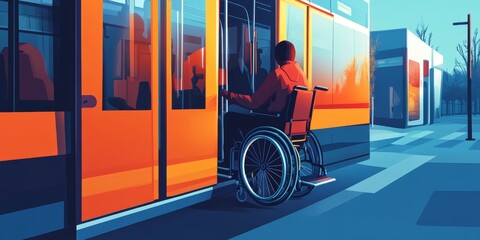 A person in a wheelchair boarding an accessible bus or train with an inclusive environment