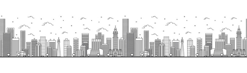 Obraz premium Seamless pattern with outline Miami Florida City Skyline with Modern Buildings Isolated on White. Miami USA Cityscape with Landmarks.