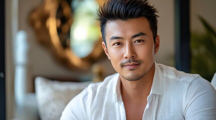 Fototapeta premium Confident Young Man in Casual Attire Relaxing at Home