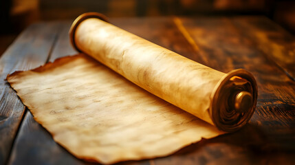 Old Parchment Scroll on Wooden Table - Realistic Photo