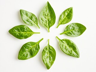 Obraz premium Seven Green Spinach Leaves Arranged in a Circular Pattern on a White Background