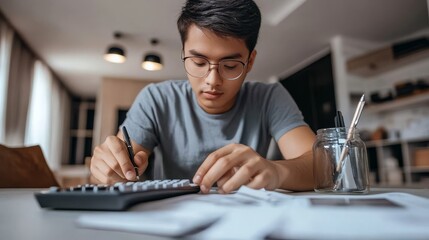 Fototapeta premium Monthly miscellaneous expenses tracking by an Asian man.