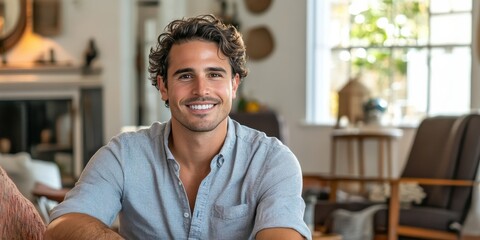 Naklejka premium Smiling Young Man in a Cozy Living Room Setting