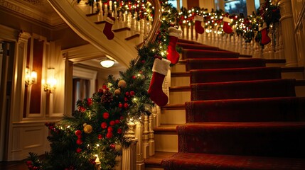 "A grand staircase adorned with a lush garland of pine and red berries, with Christmas stockings hanging from the railing. The scene is illuminated by the soft glow of festive lights."