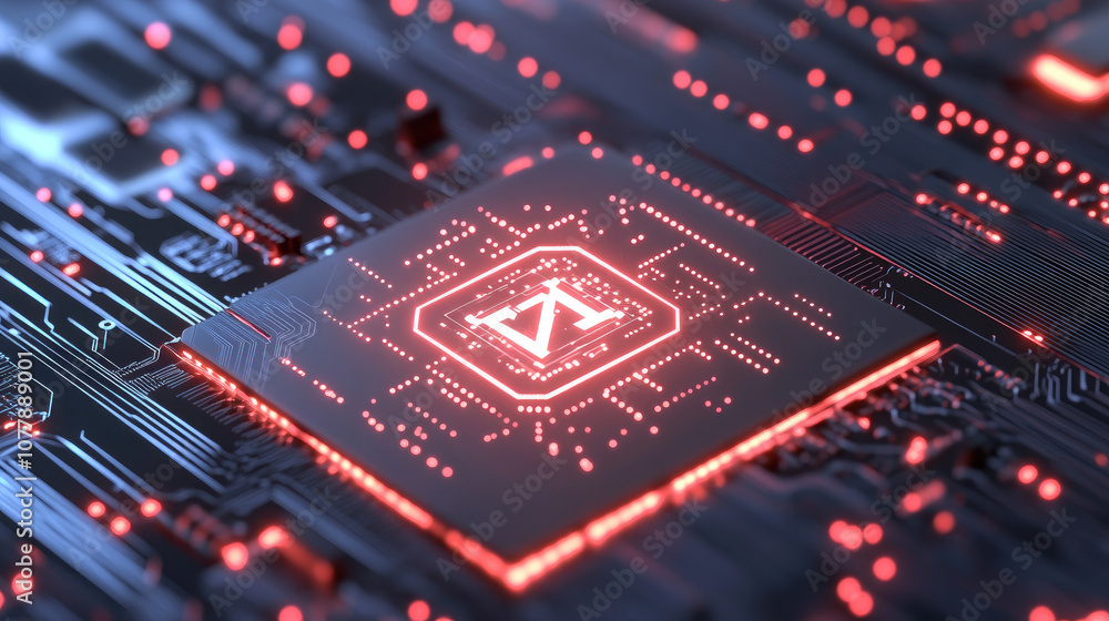 Poster advanced ai circuit board, intricate close-up of a circuit board featuring glowing elements, centere