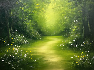 Fototapeta premium Serene Woodland Path: A winding path through a lush forest, bathed in soft, ethereal light, invites you to wander and explore the tranquility of nature. Immerse yourself in the verdant beauty.