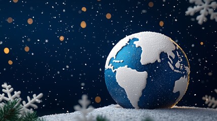 Naklejka premium Stylized globe covered in white snow sits on a snowy surface under a dark blue night sky with falling snowflakes during the winter season.