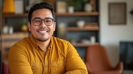 Smiling Young Man in Casual Attire Sitting in Modern Home Office