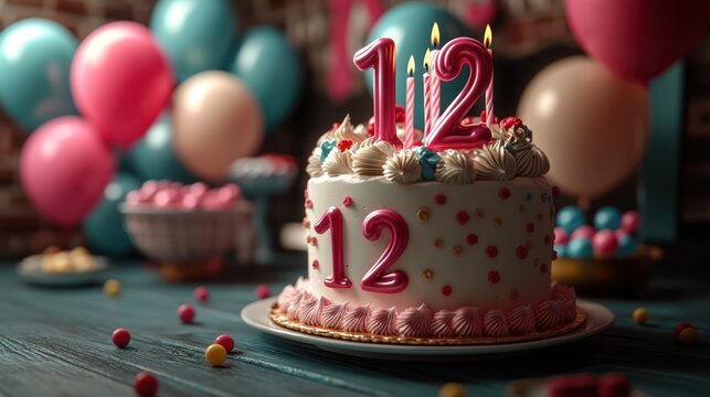 Birthday cake with candles and balloons.