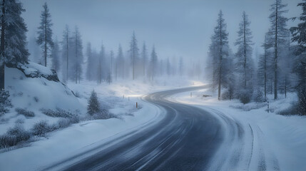 Obraz premium Winter Road Through Snowy Forest - 3D Illustration