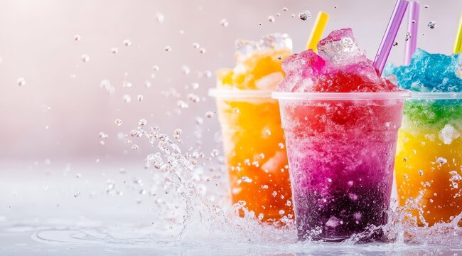 Three cups of colorful slushies with straws and water splashes.