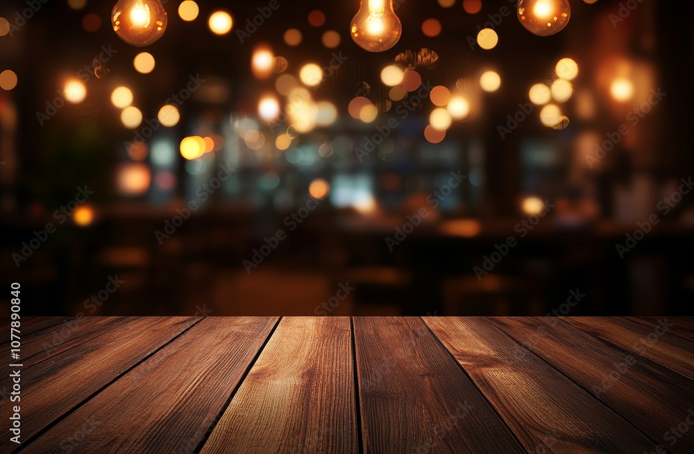 Poster wooden table with bokeh lights in the background.