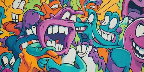 A vibrant mural featuring colorful, exaggerated cartoon faces expressing various emotions.