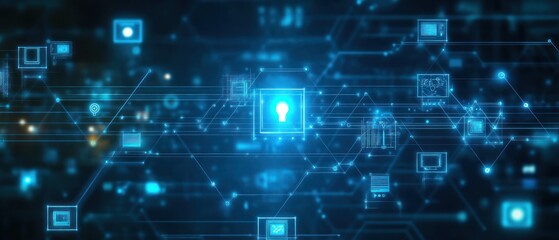 Obraz premium Abstract digital network with a key symbol, representing cybersecurity and data protection.