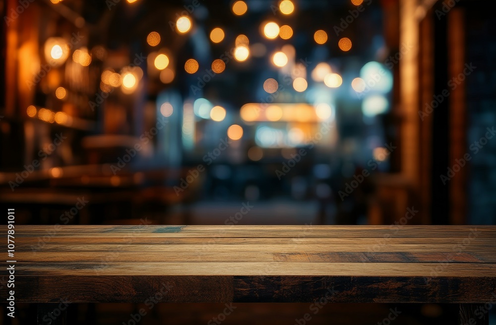 Poster empty wooden tabletop with blurred bokeh lights in the background.