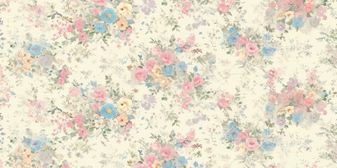 Fototapeta premium Vintage floral wallpaper with pastel design. Romantic roses and decorative bouquet. Seamless pattern, botanical elegance, home decor.