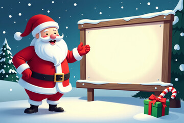 A Christmas card featuring Santa Claus with a gift box surrounded by holiday decorations, snow, and a Christmas tree.