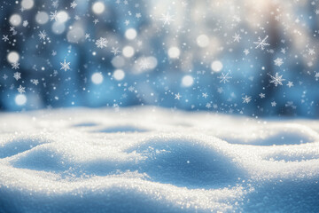 Beautiful and romantic winter background with snowdrift, snowflake and light bokeh in snowing day