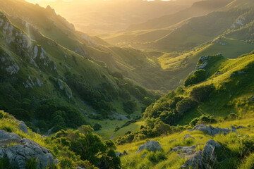 A serene sunrise over a lush green valley, with the morning light highlighting the beauty of the natural surroundings.