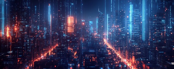 Fototapeta premium Futuristic cityscape with neon lights and glowing skyscrapers.