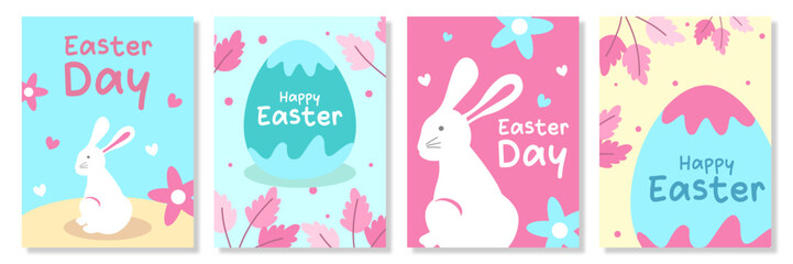 Happy Easter Set of greeting cards, posters, holiday covers. Trendy design with typography, spring hand drawn flowers, dots, eggs and bunny illustration in pastel colors. Modern art minimalist style.