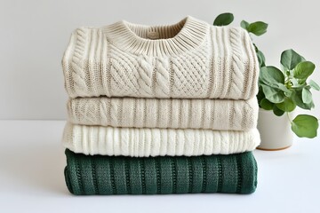 Stack of folded knitted sweaters in neutral tones