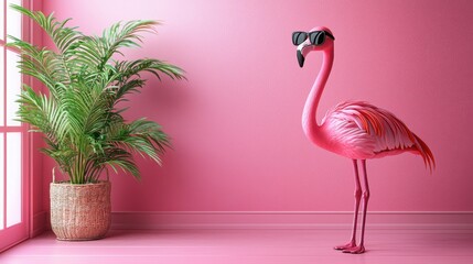 Obraz premium Discover the stylish flamingo rocking cool sunglasses against a vibrant solid color background