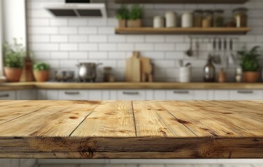Wooden table top with blurred kitchen background.