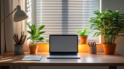 Fototapeta premium A minimalist workspace featuring a laptop, plants, and stationery by a window.