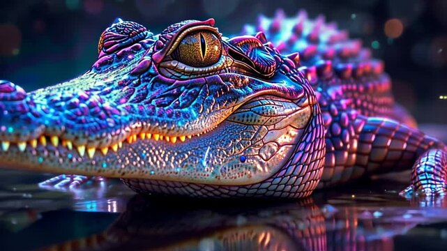 A vividly colored crocodile lies near the water, showcasing intricate textures and patterns on its scales. The ambient light creates a magical atmosphere around it