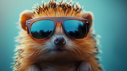 Hedgehog rocks stylish sunglasses on a vibrant background for a fun fashion statement