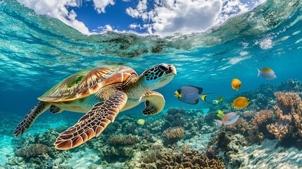 Fototapeta premium green turtle swimming in the sea, underwater scene with turtle and tropical fish 