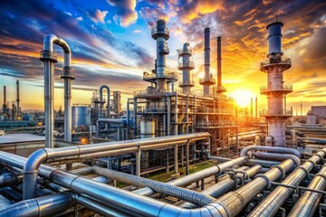 a large industrial plant with pipes and the sun setting in the background