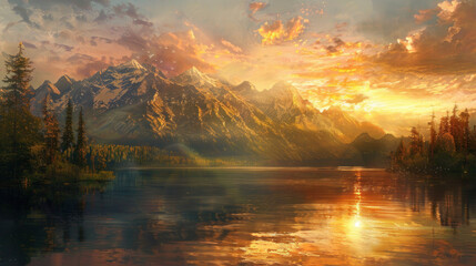 Fototapeta premium A sprawling lake landscape with a distant mountain range, the sun setting behind the peaks, casting a golden glow on the water