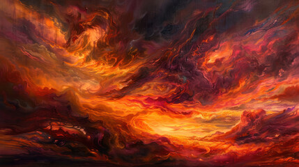 A stormy sky ablaze with fiery reds and oranges, the clouds swirling as the day ends in a blaze of color