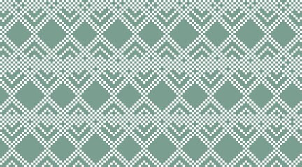 Geometric ethnic texture embroidery in pixel art with white pattern and green background used in wallpaper, clothing, carpet, wrapping, batik, fabric, background. Simple and cute card