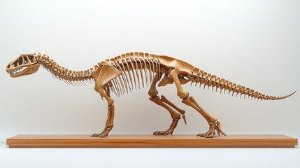 Dinosaur skeleton on wooden base.