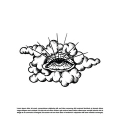 Vintage retro hand drawn all seeing eye in the cloud vector, Shinning eye illustration