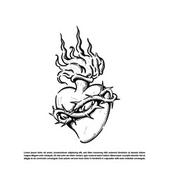 Vintage retro hand drawn heart fire with sharp thorn and flame vector art illustration