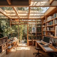 Fototapeta premium A modern home office with a glass roof, wooden shelves, and a view of a lush garden.