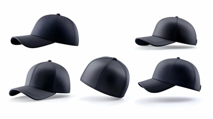 ​Realistic 3D mockup set of black caps, including sport baseball caps