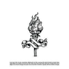 Vintage retro hand drawn torch flame with ribbon vector illustration