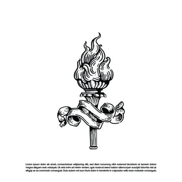 Vintage retro hand drawn torch flame with ribbon vector illustration
