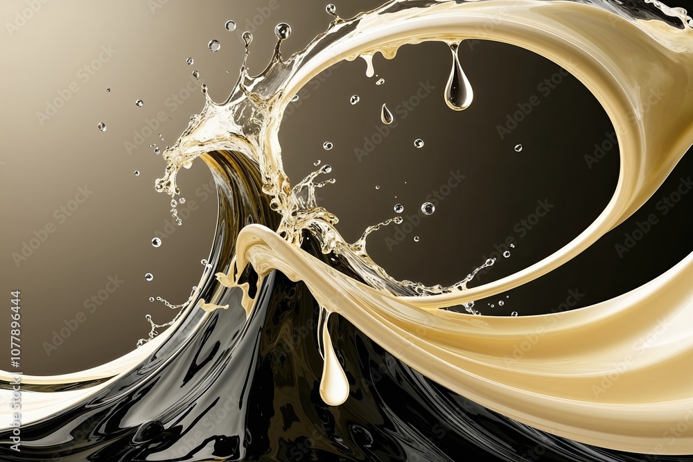 Poster silky cream wave splash with droplets and twists in a fluid, abstract design